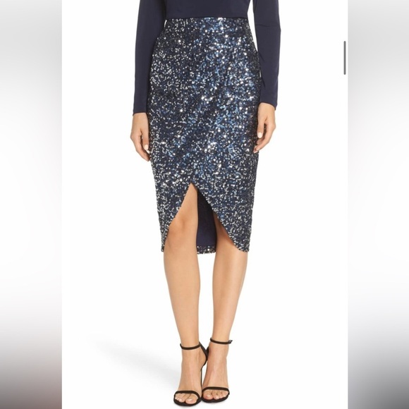 Eliza J Dazzling sequin Faux wrap Dark blue skirt Sz 14 - Picture 1 of 11